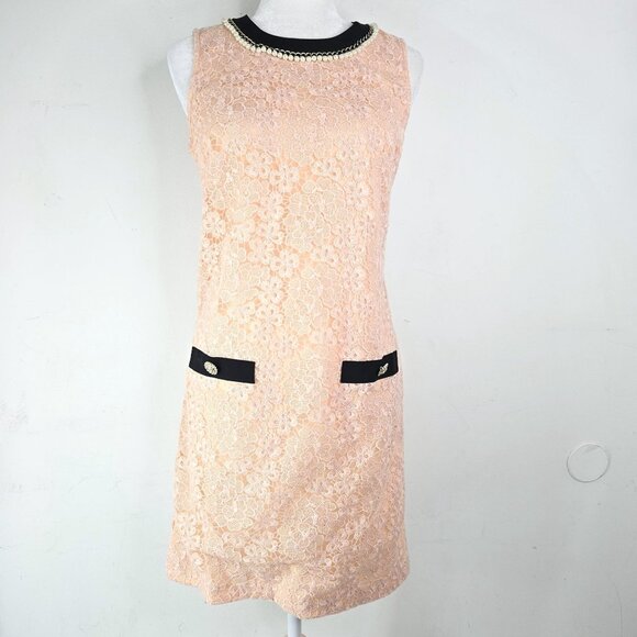 Karl Lagerfield Peach Blush Black Pearl Embellished Lace shirt Dress Size 4 - Picture 1 of 9
